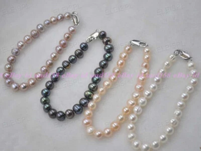 Genuine Natural 7-8mm Black White Pink Purple Freshwater Cultured Pearl Bracelet - Image 1 of 4