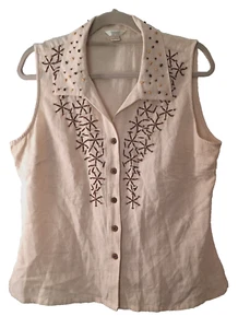 Women's Lg Linen Blend Blouse Tunic Top Beaded Sleeveless Christopher & Banks - Picture 1 of 11