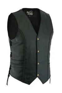 Chaleco de motocicleta de cuero negro para motociclistas chaleco trenzado con cordones laterales - Imagen 1 de 4