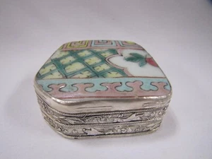 Vintage chinesische gravierte Silber gemischt Metall und Porzellan kleine Schatulle - Bild 1 von 9