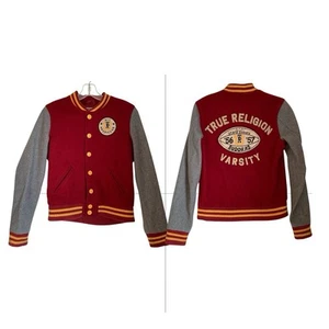 True Religion Varsity All American Bomber Jacket S Red Wool Full "Buddhas" - Picture 1 of 8