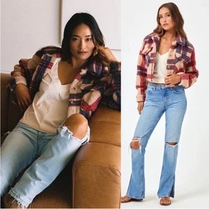 NWT L*Space Big Sur Cropped Plaid Sherpa Jacket Size Large - Picture 1 of 7