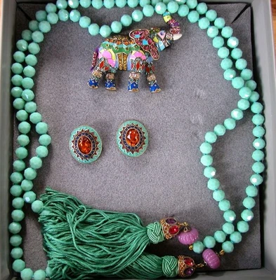 Heidi Daus Turquoise Beaded Necklace Set With Green Tassel Earrings & Rhinestone - Image 1 of 4