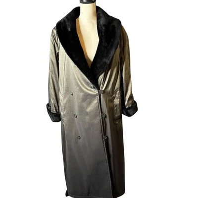 Bill Blass Signature Metallic Bronze Faux Fur Trim Long Trench Coat Size 12 - Image 1 of 4