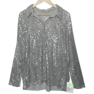 NWT Abercrombie & Fitch Gray Grey Silver Sequin Button Down Blouse Size Large L - Picture 1 of 10