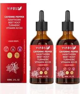 Pack of 2 Cayenne Pepper Liquid Drops Hawthorn Root Vitamin 60ML - Picture 1 of 4