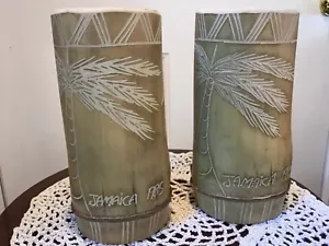Vintage Jamacia Tiki Carved Bamboo 1985 Souvenir Cups Two 6 1/2” Tall - Picture 1 of 6