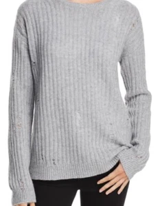 Aqua Cashmere Gray Rib-Knit Distressed Cashmere Sweater Women’s Size Small - Picture 1 of 8