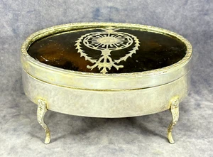 Vintage Silverplate 5½" Jewelry Box w Faux Tortoise Tortoiseshell Pique Design - Picture 1 of 8
