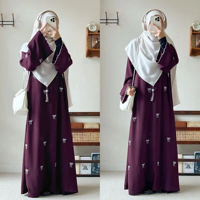 Arab Modest Muslim Women Kafatn Round Neck Bowknot Embroidery Dress Abaya Robe - Image 1 of 4