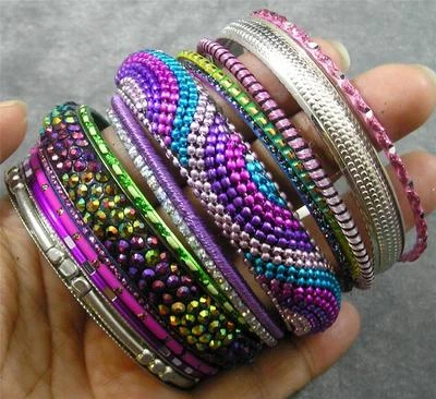 BOHO Resin Crystal Steel Aluminum Brass Polyester Rainbow 14 Bangle Bracelet Set - Image 1 of 2