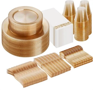 Goodluck 350 Piece Gold Glitter Dinnerware Set for 50 Guests Plastic Disposable - Picture 1 of 5
