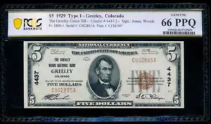 AC 1929 $5 Greeley Union National Bank Greeley, Colorado Ch #4437 PCGS 66 PPQ - Picture 1 of 2