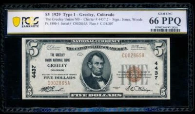 AC 1929 $5 Greeley Union National Bank Greeley, Colorado Ch #4437 PCGS 66 PPQ - Image 1 of 2