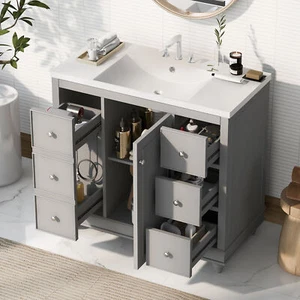 36" Bathroom Vanity w/Sink, 4 Drawers, Freestanding Bath Vanity Cabinet, Shelves - Picture 1 of 10