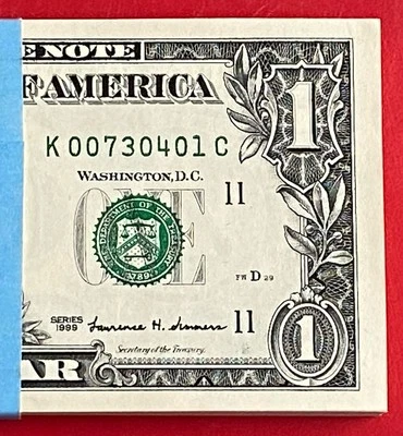 1999 $1 Dollar Bill FRN, ( DALLAS K ) UNCIRCULATED BANKNOTE. - Image 1 of 3