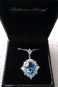 NIB Gold Coast Platinum Plated Blue Topaz Pendant Necklace Surrounded by CZ's  - Picture 1 of 6