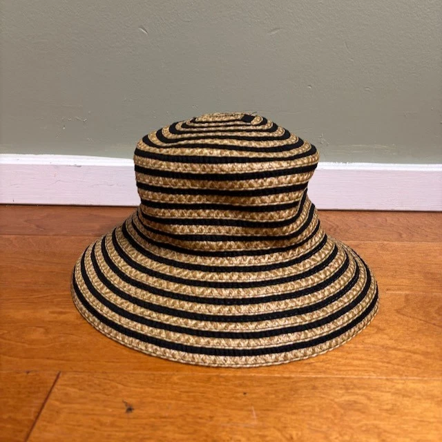 Eric Javits Squishee Womens Bucket Hat Beige Black Stripe UPF 50+ Beach Bohemian - Image 1 of 4