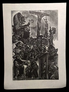 Signed FRITZ EICHENBERG LE 54/100  Wood Engraving THE FOLLIES OF THE MONKS - Picture 1 of 6