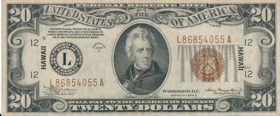 1934 A $20 DOLLARS - HAWAII OVERPRINT WW II ERA FEDERAL RESERVE NOTE - Image 1 of 2