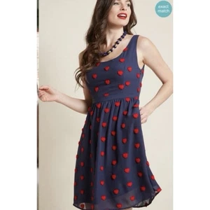 ModCloth Dress Navy Blue Chiffon Fuzzy Heart Appliqué Medium Twee Retro Quirky - Picture 1 of 9