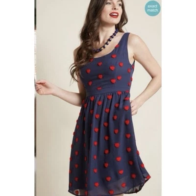 ModCloth Dress Navy Blue Chiffon Fuzzy Heart Appliqué Medium Twee Retro Quirky - Image 1 of 4
