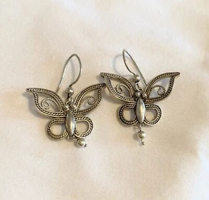 Vintage Filigree Look Sterling Silver 925 BUTTERFLY Pierced Dangle Earrings - Picture 1 of 10