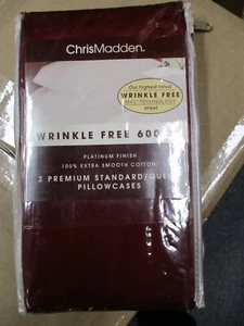 CHRIS MADDEN PILLOW CASES 100% COTTON 600 THREAD COUNT BURGUNDY STD-QUEEN SIZE - Picture 1 of 3