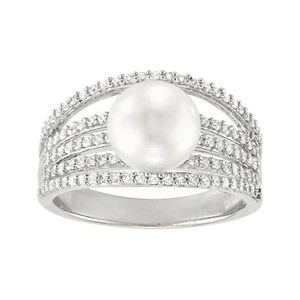 Welry 8-8.5mm FW Pearl Multi-Row Ring with Cubic Zirconia in Sterling Silver - Picture 1 of 4