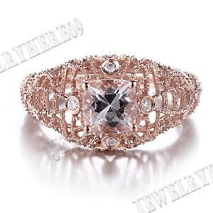 Solid 14k Rose Gold Vintage Lady 6mm Cushion Morganite Engagement Diamond Ring 