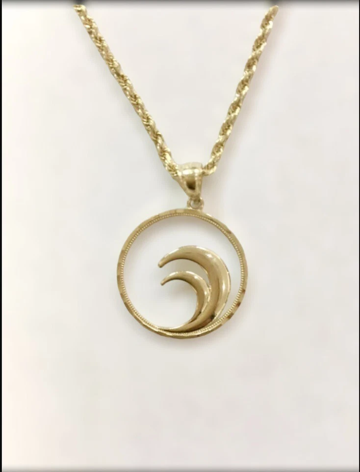 Colgante Hawaiano Onda Playa Corte Diamante Oro Sólido 14k Foto 1 de 1