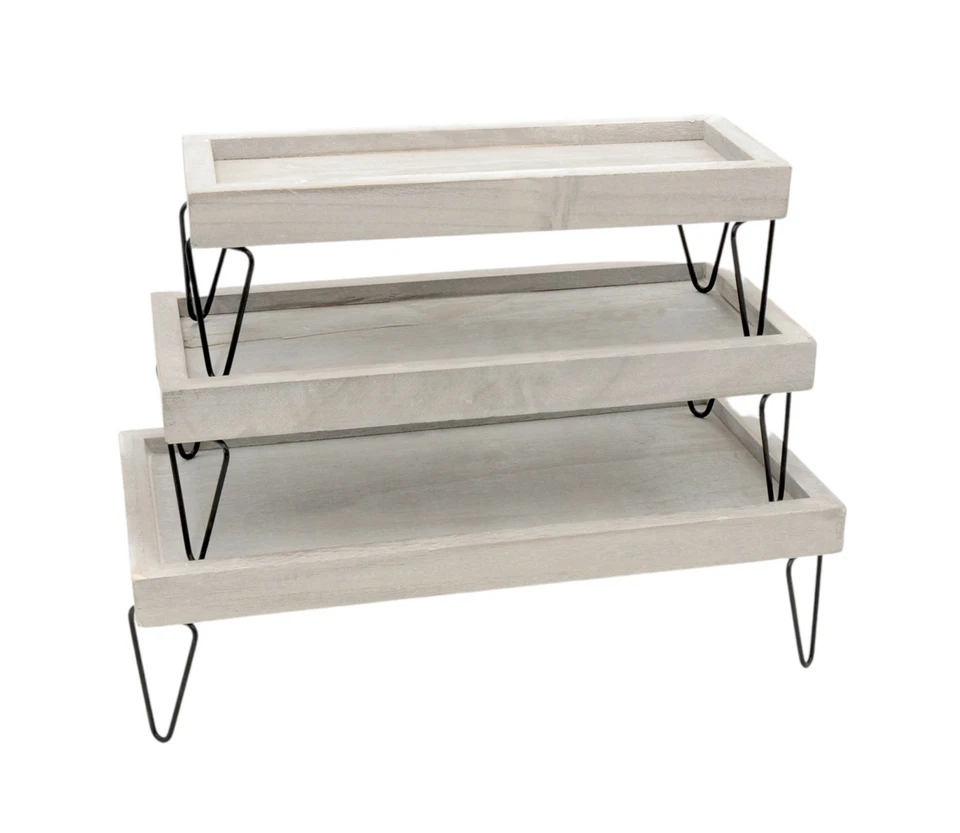 3tlg. Dekotablett-Set mit Metallfüßen Serviertablett Holztablett Dekoration - Bild 1 von 1