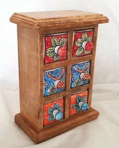 Storage drawers blue & orange floral ceramic & wood hand made in India 25cm-NEW - Picture 1 of 9
