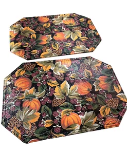 Set of 2 Fall Halloween Pumpkins Pinecones Berries Placemats Reversible Plastic - Picture 1 of 6