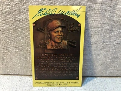Eddie Mathews Signed Autographed Gold Hall of Fame Plaque HOF Postcard Card JSA - Image 1 of 3
