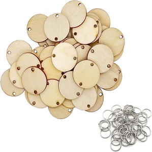 100 Pieces Wooden Circles Tags 1.2 Inch with Holes and 100 Pieces 10 Mm Rings - Picture 1 of 6