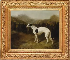 Antico Master-Art antico animale dipinto ad olio un levriero in un paesaggio su tela - Foto 1 di 2
