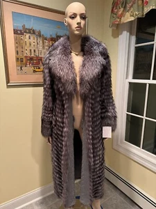 NEW! 46" Long Blue Lavender Feathered Silver Fox Real Fur Coat Jacket Medium 8 - Picture 1 of 9