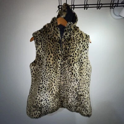 HOODED REVERSIBLE Leopard Faux Fur VEST Jacket Medium Brown - Image 1 of 4