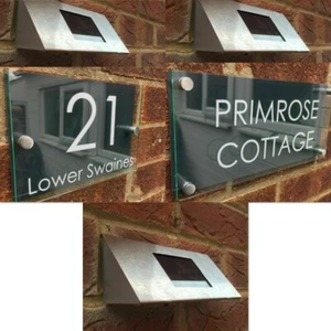 MODERN GLASS LOOK DARK GREY DOOR NUMBER STREET NAME SOLAR HOUSE SIGN WALL PLAQUE - Picture 1 of 7