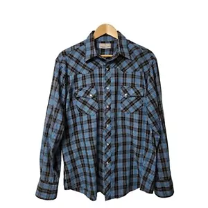 Wrangler 'Wrancher' Western Shirt Men M /L Blue Black Plaid Long Sleeve - Picture 1 of 3