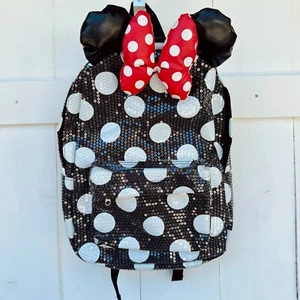 Mochila Oficial Minnie Mouse Lentejuelas Parques Disney Rojo Negro Blanco Lunares - Imagen 1 de 9