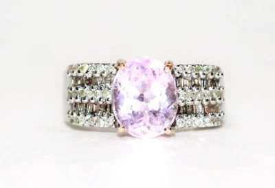 天然 Kunzite & Diamond 戒指 18K 纯白金 5.74tcw Kunzite 戒指 粉红色  — 第 1/4 张图片