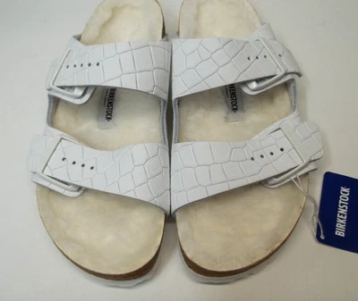 阅读! Birkenstock 亚利桑那剪羊毛白色压花 CROC 皮革 40 NAR 9-9.5 — 第 1/4 张图片