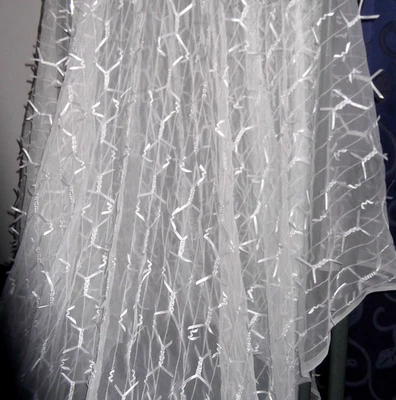 WHITE RIBBON LACE FABRIC, FRENCH BRIDAL TULLE, NET, RIBBON FEATHERS, 150cm wide - image 1 of 4