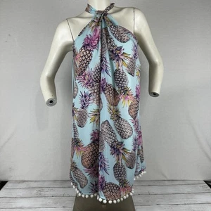 Sky Blue Pineapple Print Sundress Size Small Sleeveless Halter Pom Pom Trim NWT - Picture 1 of 24