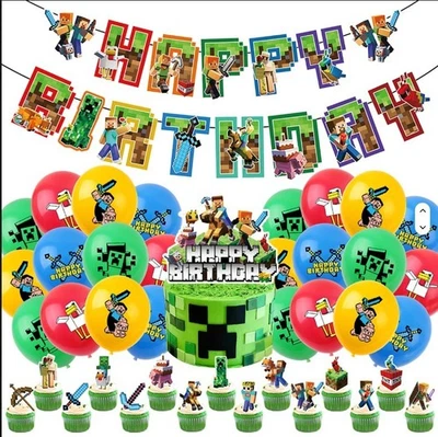 Minecraft Steve Kids Birthday Party Decorations Set Balloons Banner Cake Toppers - Image 1 of 4