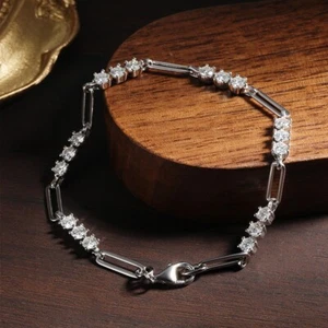 3mm D VVS1 Round Moissanite Paper Clip Chain Women Bracelet 925 Sterling Silver - Picture 1 of 14