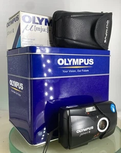 Olympus MJU II 35mm ALL WEATHER FILM CAMERA BLACK WITH COVER TESTED + TIN #492 - Picture 1 of 8