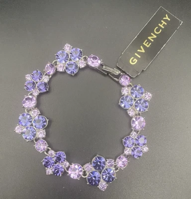 Givenchy Bracelet Purple Crystal Flowers Silver Tone Pageant Bridesmaid Prom 7.5 - Image 1 of 4